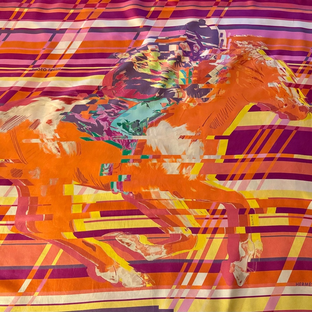 Hermès Colorful Horse & Rider Motif Scarf. By Dimitri Rybaltchenko. 100% Silk.